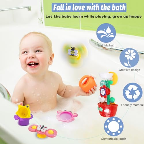 Baby Girl Bath Toys for Kids Ages 1-3 Water Table Suction Spinning Tub Toys Toddler Bathtub Toys with Stacking Cups for Infants 12 18 Months+ - style: With 3PCS Stacking Cups
