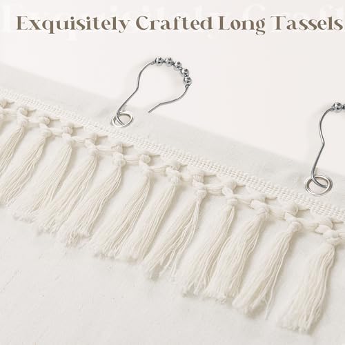 Cream Shower Curtain with Top Tassels Water Repellent 72x72 Inch | Boho Farmhouse Natural Elegant Aesthetic, Shower Curtains, Linen, Ivory, for Bathroom Decor, with Hooks Sets, 72 x 72 Inches - color: Natural - Top Tassels, size: 72"W x 72"L (Pack of 1)