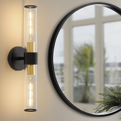 Hardwired Black Gold Vanity Light Clear Glass Wall Sconce | Up & Down Bidirectional Lighting, Damp Rated For Bathrooms, Dimmable, Rustproof Metal, 5-Year Manufacturer Warranty - color: Black Gold-A