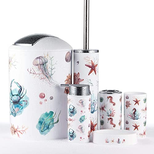 OTOSTAR 6 Piece Bathroom Accessories Set Plastic Bathroom Set Includes Toothbrush Holder Soap Dispenser Tumbler Soap Dish Toilet Brush Holder Trash Can Bath Accessories for Decor Countertop (Seahorse) - style: C-Seahorse