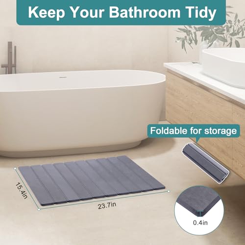 Foldable Stone Bath Mat, Quick-Drying Diatomite Bath Mat | Fast-Drying Hard Stone Drying Mat for Bathroom Shower Floor, 23.6 x 15.4 inch (Dark Grey)