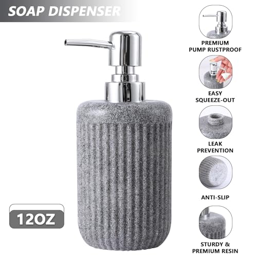 XLHOMO Resin Grey Bathroom Accessories Set 5 Pcs, Lotion Soap Dispenser, Toothbrush Holder, Bathroom Tumbler, Qtip Holder and Vanity Tray, Bathroom Countertop Organizer Set for Modern Home Apartment - color: Grey, size: Resin Bath Set