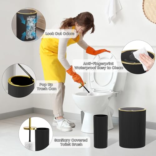 Black Gold Bathroom Accessories Set, 10PC Bathroom Set, Bath Accessory with Pop Up Trash Can, Soap Dispenser, Toilet Brush, Toothbrush Set Qtip Holders & Tray - color: Black & Gold, size: 10-Piece Set (Accessories Only)