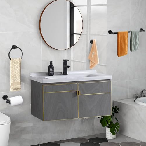 MGahyi 5-Piece Bathroom Accessories Set, Rustproof Stainless Steel Wall Mounted, Extendable Towel Bar 12.8-24.8 Inch, Toilet Paper Holder, Towel Ring & Robe Hooks, Heavy Duty Bath Storage (Black)