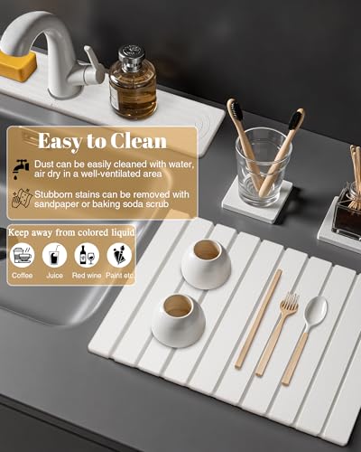 3PCS Set Large Stone Drying Mat for Kitchen Counter Foldable Collapsible Fast Drying Stone Dish Mat Water Absorbing Natural Diatomaceous Earth Bath Mat Quick Dry Stone Tray Bathroom Countertop, White - color: White