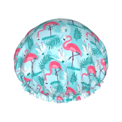 Pink Flamingos Shower Cap For Women Reusable Waterproof Double Layers Bath Cap Hair Protection Elastic Ladies Spa Salon Shower Hat - color: Pink Flamingos