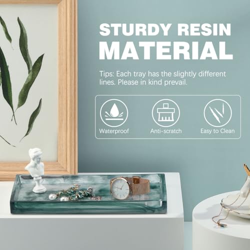 Emibele Bathroom Vanity Tray Countertop, 10" Rectangular Marble Resin Tray | Dresser Kitchen Sink Tray, for Jewelry Cosmetic Perfume Soap Candle, Lightweight Waterproof Tray, Medium, Ink Green - color: Ink Blue, size: 10" x 6.1" x 0.8"