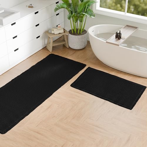 Hiasan Set of 2 Waffle Bath Mat, Super Absorbent Non Slip Bathroom Boho Rug with Tassels, Machine Washable Bath Mats for Bathroom, Ultra Soft Rubber Backed Rug, Black, 20" x 32" + 24" x 60" - color: Black, size: 20" x 32" + 24" x 60"