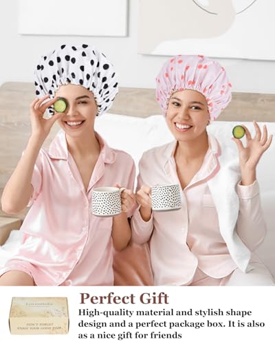 Luvruitaky Large Shower Caps for Women Reusable Waterproof Satin Lined Shower Cap with Adjustable Band Double Layer Design Luxury Washable Bath Hair Bonnet (Black Dot)