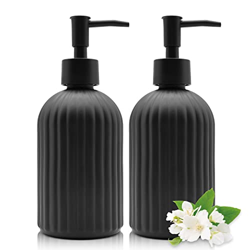 2 Pack Glass Soap Dispenser Bottle with Pump, 14 Oz Refillable Liquid Hand Jar Dispenser for Bathroom, Countertop, Kitchen, Laundry Room (Black) - color: Black