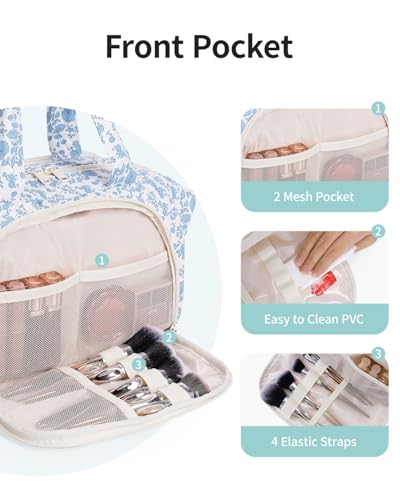 Narwey Travel Toiletry Bag for Women, Large Makeup Bag, Wide Open Cosmetic Make Up Organizer with Handle, Wet Pocket for Towel, Travel Bag for Toiletries, Brushes, Essentials (Little Blue Flower) - color: ZA-Little Blue Flower