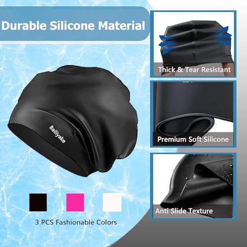 3 Pack Extra Large Swim Cap for Braids & Dreadlocks - Waterproof Silicone Swim Hat for Women with Long Thick Hair, Protective Swim Cap Cover Ears for Swimming, Shower, Bathing - color: Black+Pink+White