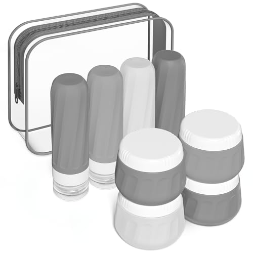 Mrsdry Travel Size Toiletries 8 Pack, TSA Approved 3oz Silicone Squeeze Bottles & Cream Jars with Clear Travel Bag - color: Proper Gray, size: 3oz bottle 3oz jar