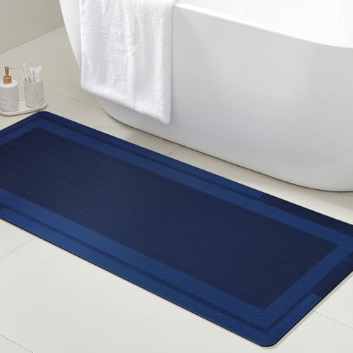 ACCUMTEK Non Slip Bath Mat, Thin Bathroom Rugs Fit Under Door, Quick Dry Bath Mats, Machine Washable Bath Rugs for Bathroom, Bathtub & Kitchen, Bathtub, Dark Blue/Bordered/48 x20 - color: Dark Blue, size: 1'8" x 4' (Rectangular)