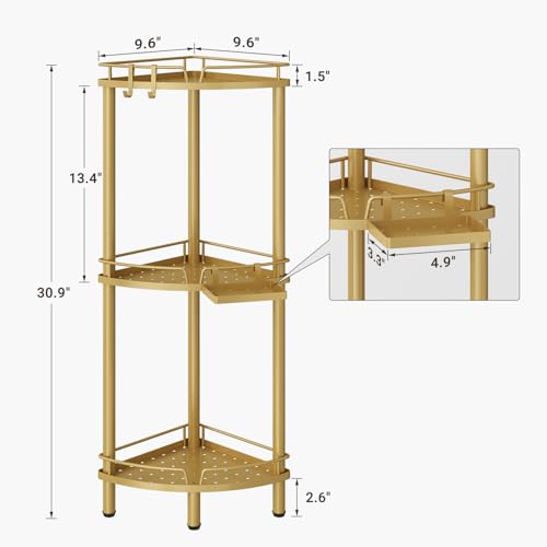 ELYKEN Corner Shower Caddy Standing, 3 Tier Rustproof Metal Shower Organizer with Soap Holder, Floor Shower Corner Shelf Rack Storage Stands with Adjustable Feet & 2 Hooks for Bathroom, Gold - color: Gold, size: 3 Tier