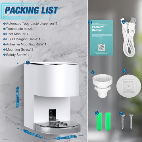 Monstake Automatic Toothpaste Dispenser Wall Mounted - Smart Electric Toothpaste Squeezer with 6 Adjustable Levels, Replaceable Nozzle, Rechargeable Toothpaste Holder for Bathroom, Kids and Adults