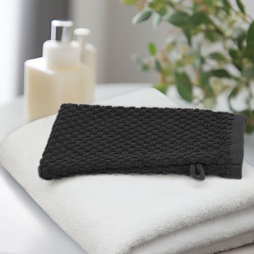 COTTON CRAFT Bath Mitt - 6 Pack Euro Spa Waffle 100% Cotton Towel Mitts | Large 5.5x10 inches Black Exfoliating Gloves - Sensitive Skin Friendly - Body Bath Shower Glove Washcloth with Hanging Loop - color: Black - Bath Mitt