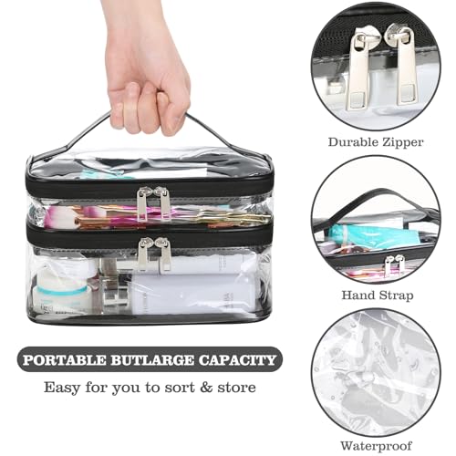 HAOGUAGUA Double Layer Clear Cosmetic Bag Makeup Bag, Waterproof Travel Toiletry Bag, Transparent PVC Pouch Organizer (Black-large) - color: Black-large