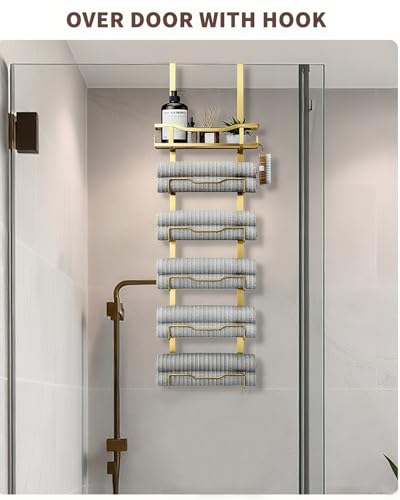 Hanging Towel Racks for Bathroom No Drill - 6-Tier Over The Door Bath Towel Storage Organizer for Small Bathrooms - Tiered Back of Door Towel Holder Hanger for Rolled Towels RV Camper Gold - color: Gold, size: 6 tier