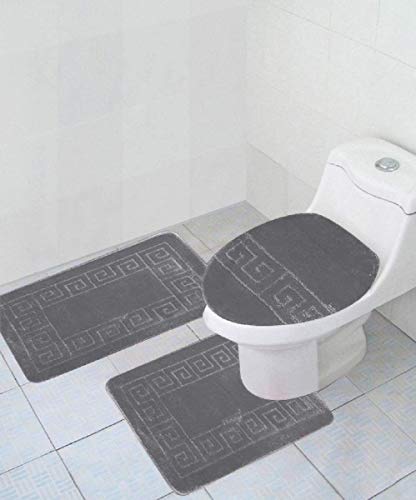 WPM WORLD PRODUCTS MART Bathroom Rugs Set 3 Piece Bath Pattern Rug (20"x32")/Large Contour Mats (20"x20") with Lid Cover (Grey) - color: Grey