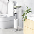 Toilet Paper Holder Stand with Top Storage Shelf, Free Standing Toilet Roll Dispenser for Bathroom, Holds 4 Reserve Rolls - color: Silver