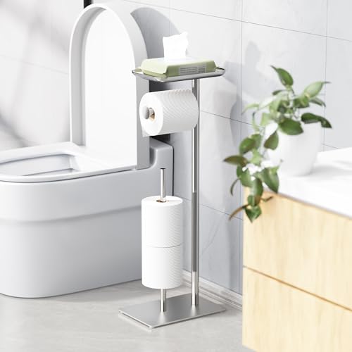 Toilet Paper Holder Stand with Top Storage Shelf, Free Standing Toilet Roll Dispenser for Bathroom, Holds 4 Reserve Rolls - color: Silver