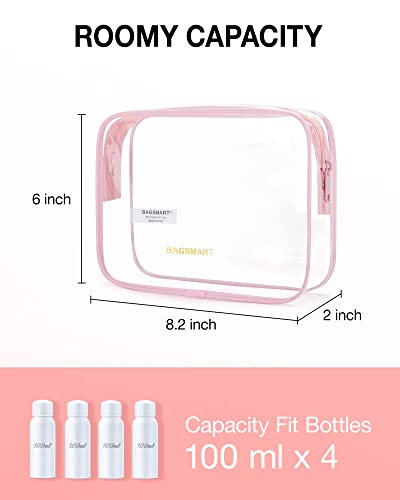 BAGSMART Clear Toiletry Bag, 3 Pack TSA Approved Travel Toiletry bag Carry on Travel Accessories Bag Airport Airline Quart Size Bags Water Repellent Makeup Cosmetic Bag for Women (Pink-3pcs) - color: Candy Pink, size: 3 Pack, Medium