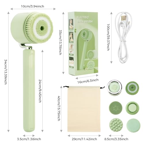 Electric Body Bath Brush for Shower, Rechargeable Body Brush with Detachable Long Handle and 5 Heads, 3 Speeds Bath Brush for Skin Care, Basic Cleaning and Massage (Sliver)