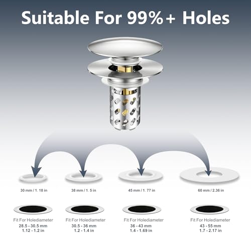 Bathroom Sink Stopper Pop-Up Sink Drain Strainer Hair Catcher | Universal 1.1"-2.17" Drains, Brass Core & Stainless Steel Mesh, Hair Catcher 2 in 1 bathroom Sink Stopper Strainer - color: Chrome-diagonal Holes