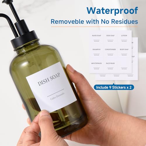 Glass Soap Dispenser with Pump, Dish and Hand Soap Dispenser for Kitchen Bathroom Set, Clear Glass Dispenser Set of 2 Pack with 18 Stickers Funnel Bamboo Tray 500ml 18oz Green - color: Glass Olive Green
