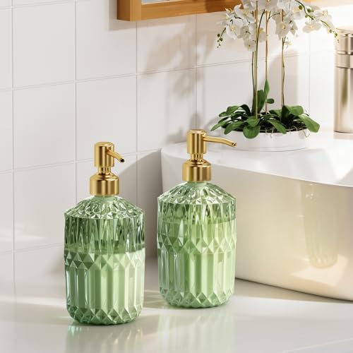 AmazerBath Soap Dispenser, 2 Pack Green Glass Soap Dispenser with Pump Stainless Steel, 14.2OZ Luxury Gold Hand Soap Bottles Bathroom Kitchen - color: Green & Gold - 2 Pack
