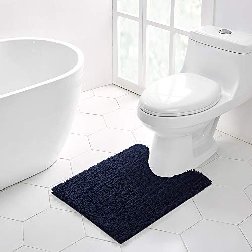Walensee Bathroom Contour Rug Non Slip Toilet U Shaped Bath Mat (20x24, Navy) Water Absorbent Super Soft Shaggy Chenille Machine Washable Dry Extra Thick Perfect Absorbant Best Plush Carpet - color: Navy, size: 20"x24" Contour Rug