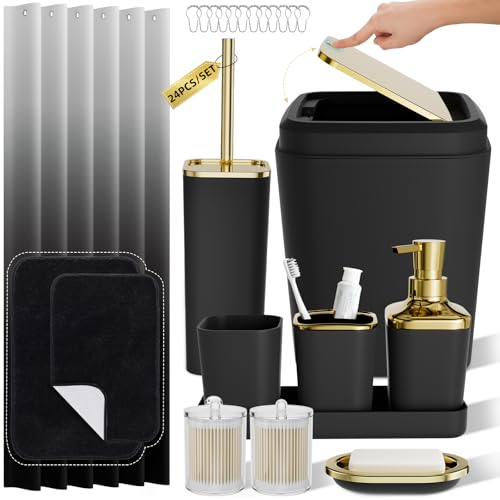XLHOMO Bathroom Accessory Set - 24PCS Luxury Bathroom Accessories Set, Bathroom Sets with Shower Curtain and Rugs, Black Bathroom Set with Trash Can, Toothbrush Holder & Soap Dispenser for Home Decor - color: Black & Gold, size: Gradient Complete Set+Bath
