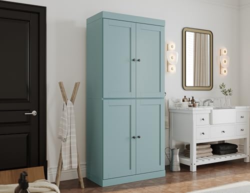 Palace Imports Solid Wood Tall Bathroom Pantry Cabinet with 4 Shaker Doors & Adjustable Shelves, Aqua - 100% Eco-Friendly, Renewable, Space-Saving Storage, 71.5" H x 32" W, Made in Brazil - color: Aqua