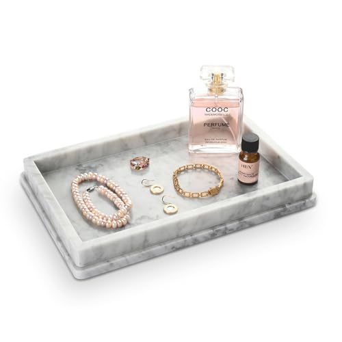 Italian Real Natural Marble Bathroom Vanity Tray 12 inch, Carrara White Stone Jewelry Tray, Rectangle Perfume Trays, Large Tank Trays, Cosmetic Organizer - color: Carrara White Rect Tiered 12-in