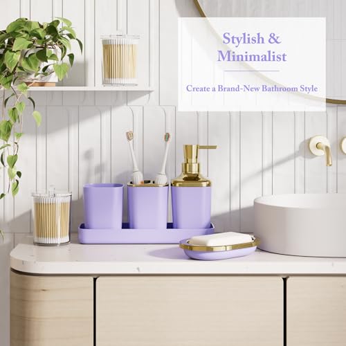 XLHOMO Bathroom Accessory Set - 24PCS Luxury Bathroom Accessories Set, Bathroom Sets with Shower Curtain and Rugs, Purple Bathroom Set with Trash Can, Toothbrush Holder & Soap Dispenser for Home Decor - color: Purple & Gold, size: Gradient Complete Set+Ba