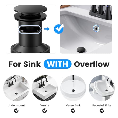 Bathroom Sink Drain with Overflow with Hair Catcher Anti-Clog Sink Strainer | Hurran Matte Black Bathroom Sink Stopper for 1.65"-1.9" Hole, Plastic Pop-up Drain for Bathroom Vanity Vessel Sink - color: Matte Black