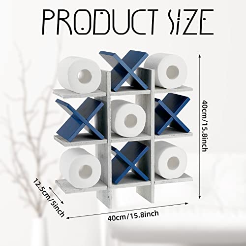 Weysat Tic Tac Toe Toilet Paper Holder Stand Bathroom Wall Decor Rustic Wooden Hanging Storage Freestanding Wall Mounted Shelves Decor for Toilet Tissue Farmhouse - color: Retro White, Blue