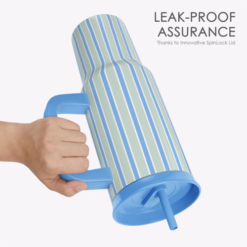 SANDJEST Stripe Stainless Steel Locking Lid Silicone Straw Tumbler with Handle 40oz, Insulated Stainless Steel Travel Cup for Women Girls Friends, Gift Idea for Birthday Summer Vacation (Blue Mint) - color: Blue Stripes