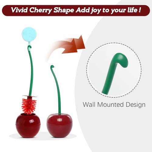 Creative Toilet Brush with Holder Bowl&Long Handle, Household Bathroom Cleaning Tool Cleaner and Base for Storage&Organization, Thick Bristle for Deep Clean-Rust Resistant Leakproof-Red Cherry Shape - color: C18-toilet Brush-red, size: Standard
