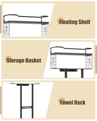 Large Towel Rack & Bathroom Towel Holder - Wall Mounted Metal Rack with Wooden Floating Shelf, Small Bathroom Towel Storage, Easy Holds 6 Large Rolled Towels, Black with Brown Plank - color: Black With Brown Plank