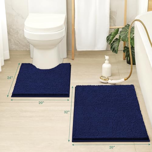 HOMEIDEAS Bathroom Rugs Set 2 Pieces, Ultra Soft Non Slip Absorbent Chenille Toilet Bath Mat Set (Navy Blue) - color: Blue-navy Blue, size: 1'8" x 2'8" (U Shape 20"x24"+20"x32")