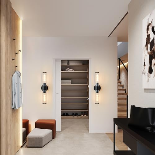 Bathroom Vanity Light Fixtures, Black Wall Sconces in Threaded Glass, Modern Wall Light for Bathroom Living Room Bedroom, Hallway - Bulb Not Included - color: Black-Threaded Glass