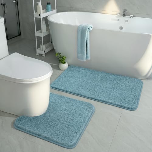 HOMORE Bathroom Rug Set 2 Piece, Soft Absorbent Bath Mats Set,Machine Washable Spa Blue Bath Rug Sets for Bathroom Non Slip,(21"x34"+21"x21") Plush Shaggy U Shape Contour Toilet - color: Spa Blue