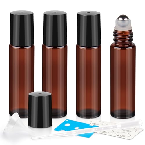 10ml Roller Bottles for Essential Oils, 4 Pack Glass Roll on Bottles, Refillable Perfume Bottle, with Stainless Steel Roller Balls, 2 Droppers, 1 Opener, Labels (Amber) - color: Brown