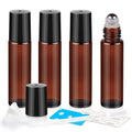 10ml Roller Bottles for Essential Oils, 4 Pack Glass Roll on Bottles, Refillable Perfume Bottle, with Stainless Steel Roller Balls, 2 Droppers, 1 Opener, Labels (Amber) - color: Brown