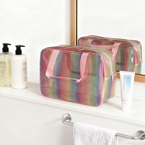 Waterproof Makeup Bag,11.81 x 5.12 x 8.27 inch Iridescent TPU Travel Toiletry Bag with Handle for Women & Men, Portable Cosmetic Pouch for Gym Swim Beach (A23014-536-1) - color: A23014-536-1