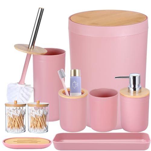 iMucci 9Pcs Pink Bathroom Accessories Set - with Trash Can,Toilet Brush,Toothbrush Holder, Lotion Soap Dispenser, Soap Dish,Toothbrush Cup,Qtip Holder,Tray - size: Bath Set, style: Pink1