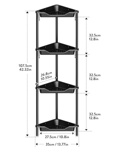 Orimade Standing Corner Shower Caddy Organizer, Plastic＆Aluminum Floor Corner Shelf Rack Rustproof Storage Stands for Bathroom, 44.6'', 4 Tier, Black - color: Black, size: 4 Tier