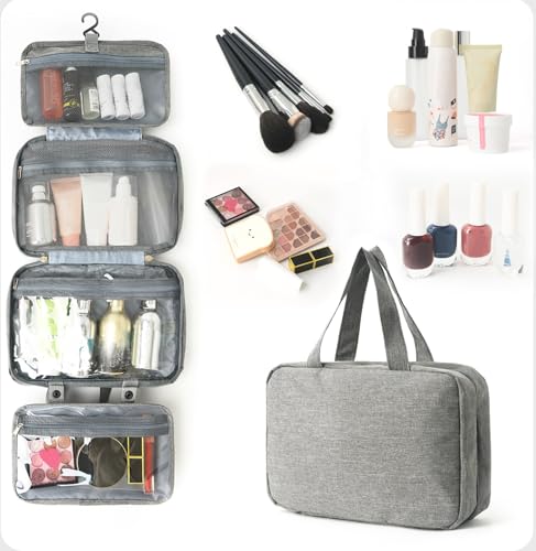 Travel Makeup Bag, Large Capacity Women's Makeup Bag, Waterproof Portable Four-Fold Travel Storage Box, Layered Mesh Toiletries Bag, Suitable for Daily Use, Business Travel, Tourism, etc. (Grey)